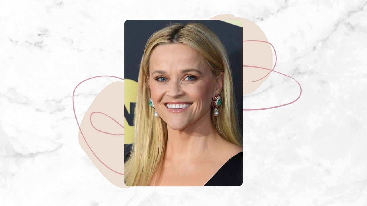 Image of Reese Witherspoon smiling with straight long blonde hair and wearing green earrings, on a white marble background with beige and pink motifs