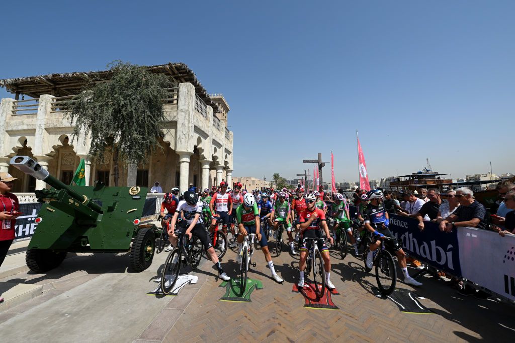 AL SHINDAGHA UNITED ARAB EMIRATES FEBRUARY 23 LR Andreas Leknessund of Norway and Team DSM White Best Young Rider Jersey Lucas Plapp of Australia and Team INEOS Grenadiers Green Points Jersey Remco Evenepoel of Belgium and Team Soudal QuickStep Red Leader Jersey and Edward Planckaert of Belgium and Team AlpecinDeceuninck Black Intermediate Sprint Jersey prior to the 5th UAE Tour Stage 4 a 174km stage from Al Shindagha to Dubai Harbour UAETour UCIWT on February 23 2023 in Al Shindagha United Arab Emirates Photo by Dario BelingheriGetty Images