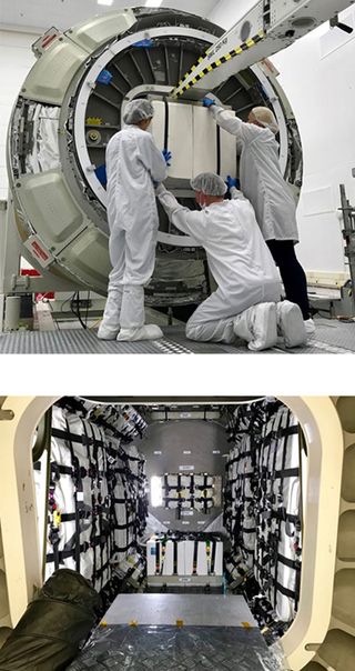 These photos show NASA's Cold Atom Laboratory being integrated into the Cygnus cargo spacecraft in anticipation of the Antares rocket launch on May 21, 2018.