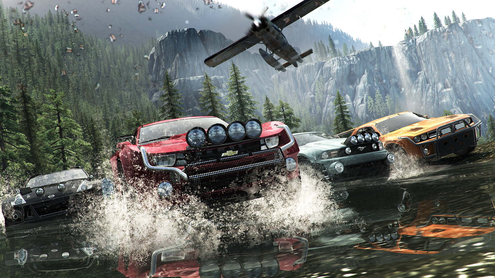 Offroad vehicles race through a shallow stream in The Crew
