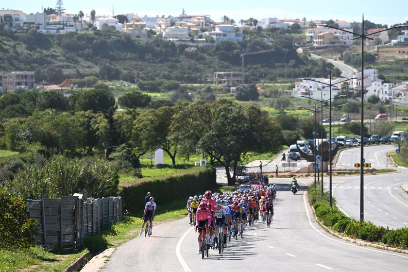 LAGOS PORTUGAL FEBRUARY 19 A general view of the peloton passing through Albufera village during the 51st Volta ao Algarve em Bicicleta Stage 1 a 1922km stage from Portimao to Lagos on February 19 2025 in Lagos Portugal Photo by Tim de WaeleGetty Images