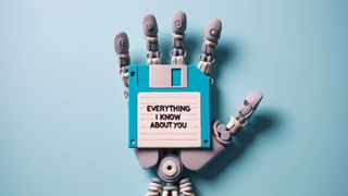 Claymation robot hand holding a floppy disk that reads "Everything I know about you."