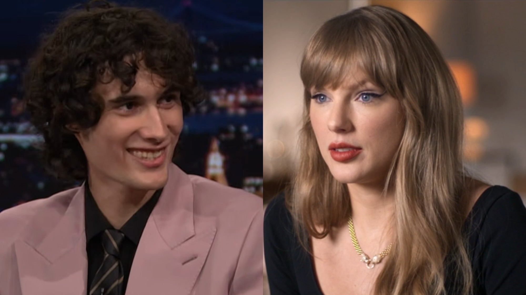 From left to right: Sombr on The Tonight Show and Taylor Swift in her End of an Era docuseries. 