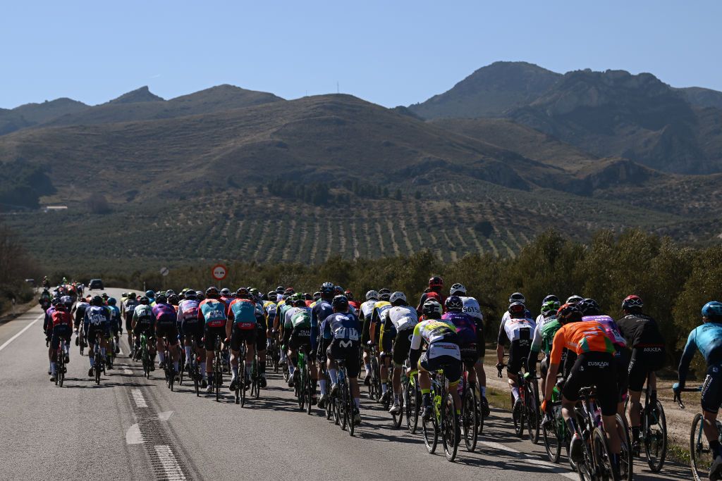 BAEZA SPAIN FEBRUARY 13 A general view of the peloton passing through a landscape during the 2nd Clasica Jaen Paraiso Interior 2023 a 1789km one day race from beda to Baeza 752m ClsicaJan23 on February 13 2023 in Baeza Spain Photo by Dario BelingheriGetty Images
