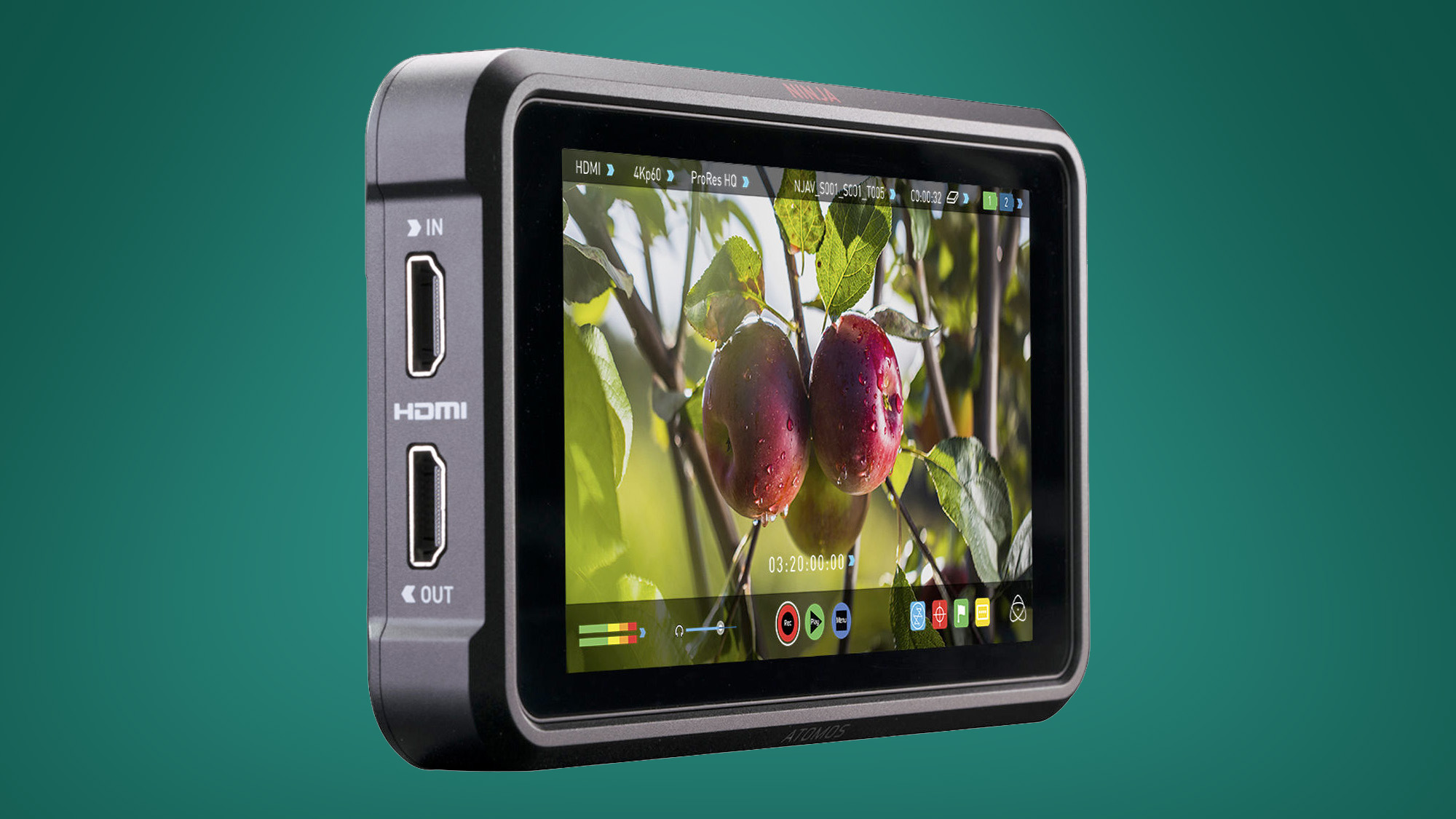 An Atomos Ninja V recording monitor on a green background