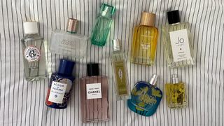 A selection of Beauty Editor Rhiannon Derbyshire's favorite scents for summer, including options from Floral Street, Estee Lauder and Jo Loves