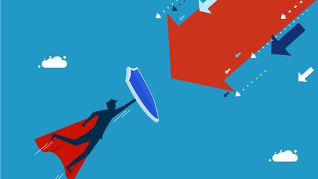 A flying animated superhero holds out a shield as a big red arrow barrels toward him. 