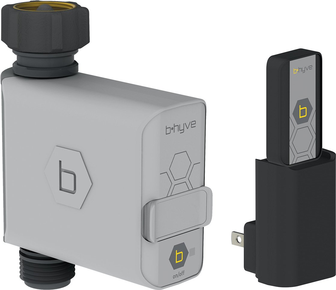 Orbit B-Hyve Smart Hose Faucet Timer next to a Wi-Fi hub