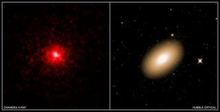 Two views of galaxy Markarian 1216. The red image on the left shows X-ray observations conducted by NASA's Chandra X-Ray Observatory, and the yellowish image on the right is composed of optical observations taken by the Hubble Space Telescope. The brighter colors at the center of the Chandra image represent the increased density of hot gas in the galaxy's core.