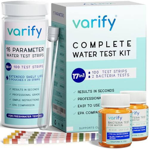 Varify 17in1 Complete Drinking Water Test Kit - 100 Strips + 2 Bacteria Tester Kits - Well, Tap, Home, City Water Testing Strip for Lead, Alkaline, Chlorine, Hardness, Iron, Fluoride, Copper &amp;amp; More