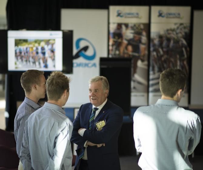 Gerry Ryan with members of the Orica-GreenEdge team
