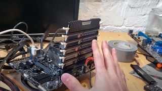 A picture of many RAM risers installed on a PC.