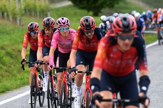 RIVOLI ITALY MAY 18 Geraint Thomas of The United Kingdom and Team INEOS Grenadiers Pink Leader Jersey with teammates compete during the 106th Giro dItalia 2023 Stage 12 a 185km stage from Bra to Rivoli UCIWT on May 18 2023 in Rivoli Italy Photo by Tim de WaeleGetty Images