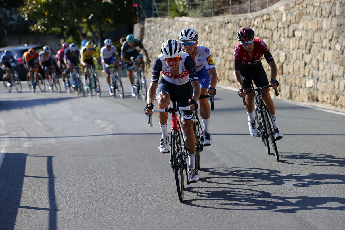 Ciccone, Stybar, and Moscon attacked on the lower slopes of the Poggio