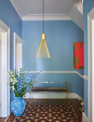 Hallway painted in Farrow and Ball Lulworth Blue and Wimborne White