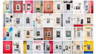 Mosaic of 36 images of multicolored electricity boxes