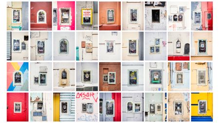 Mosaic of 36 images of multicolored electricity boxes