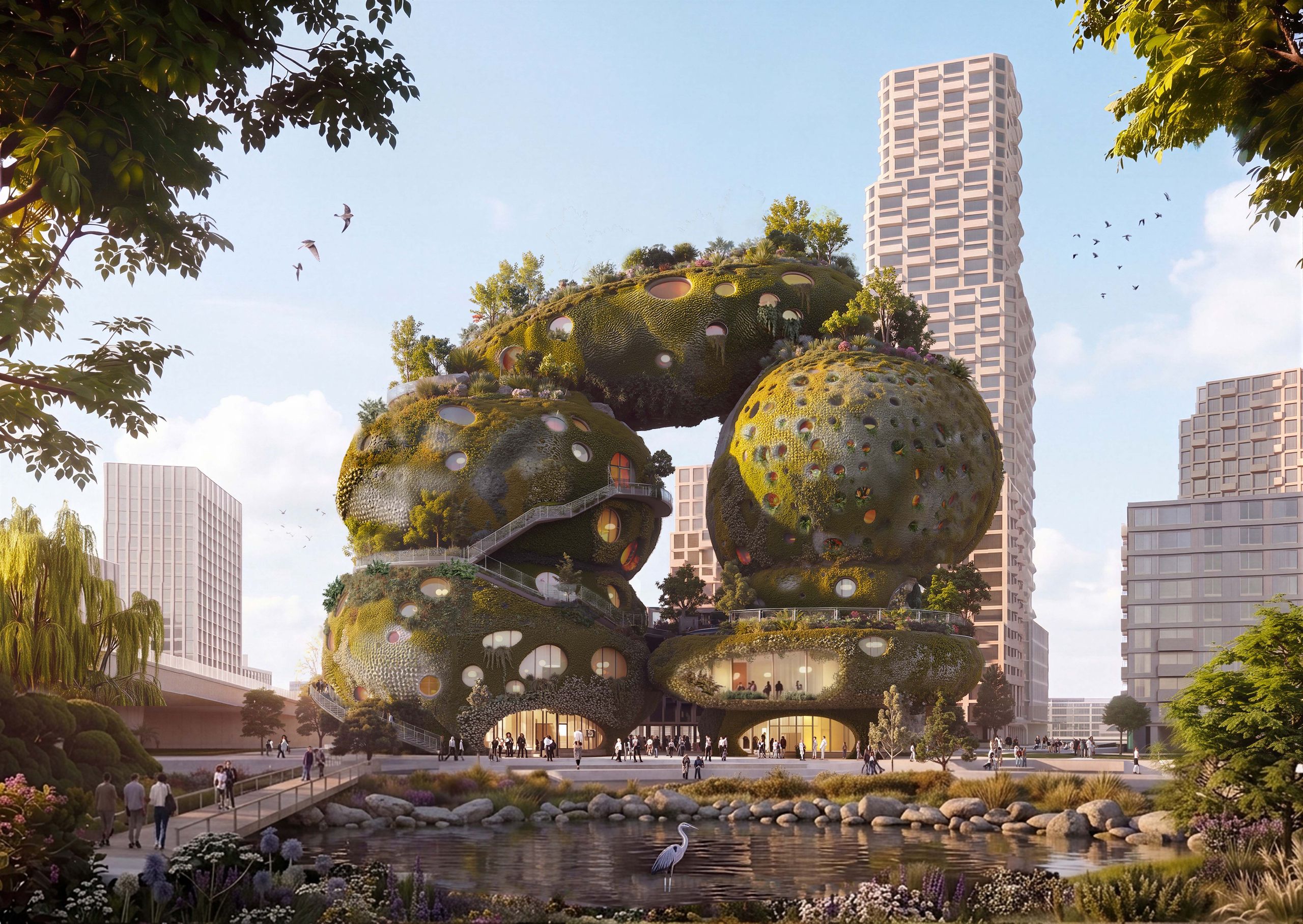 Rendering of MVRDV's Rotterdam Rocks! proposal showing stacked rock-like forms against the Rotterdam skyline