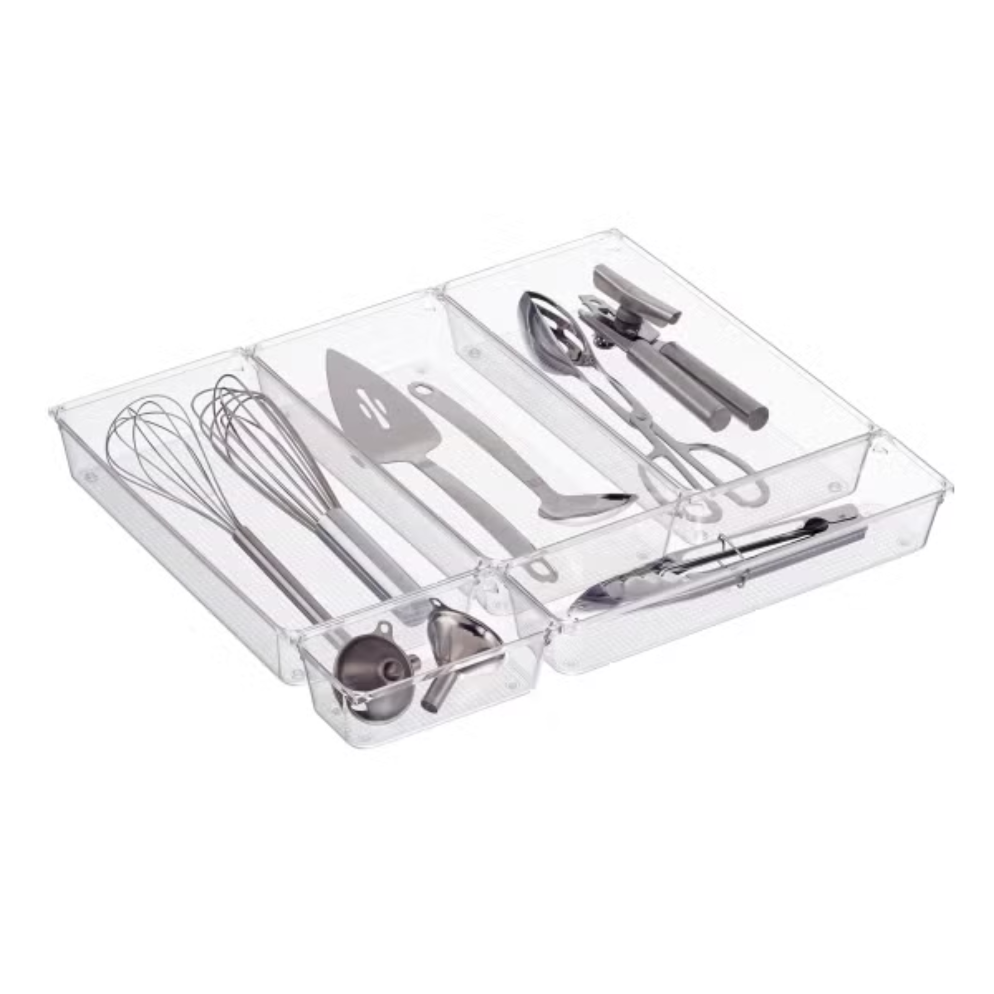 kitchen utensils in a clear plastic organizer