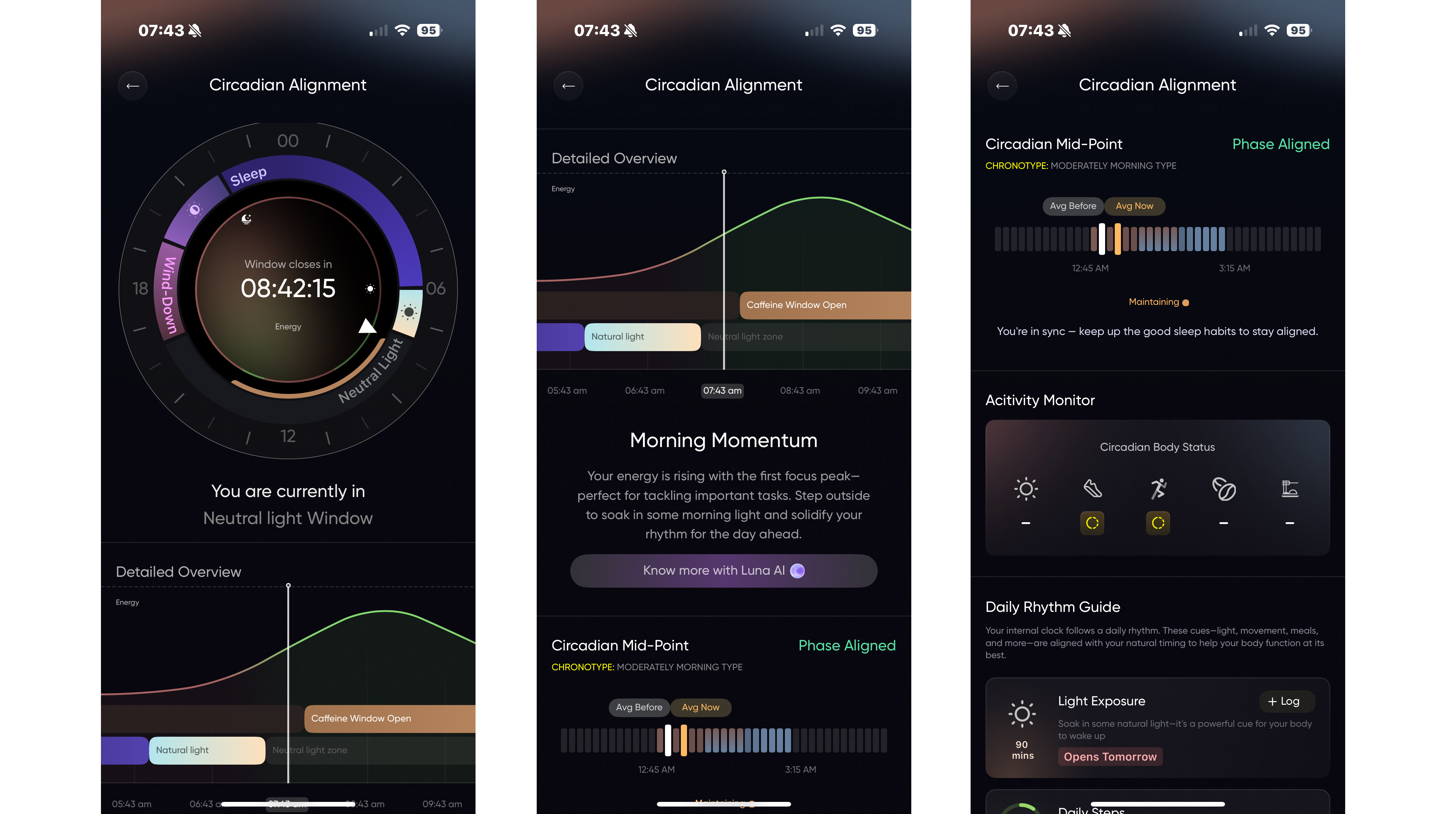 Screenshots of the circadian alignment feature in the luna ring app
