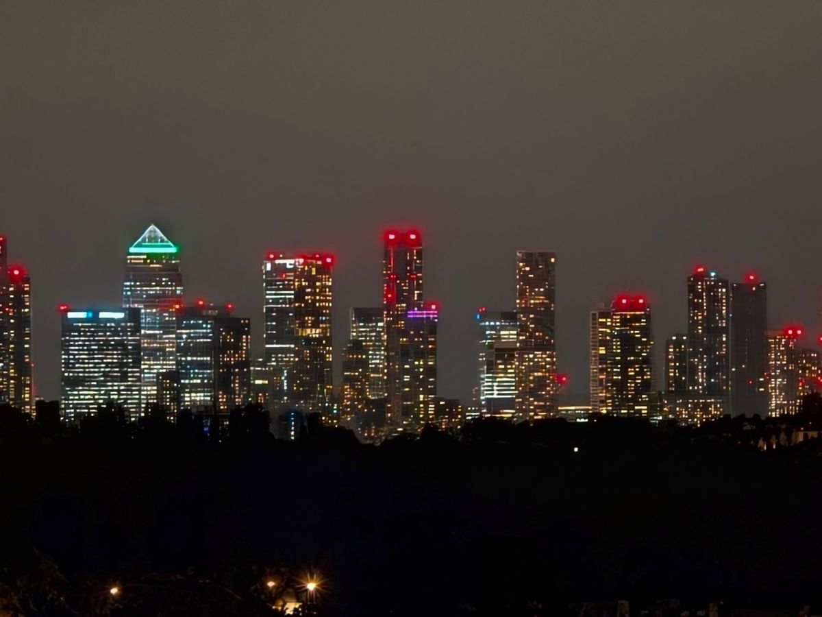 A view of Canary Wharf at night