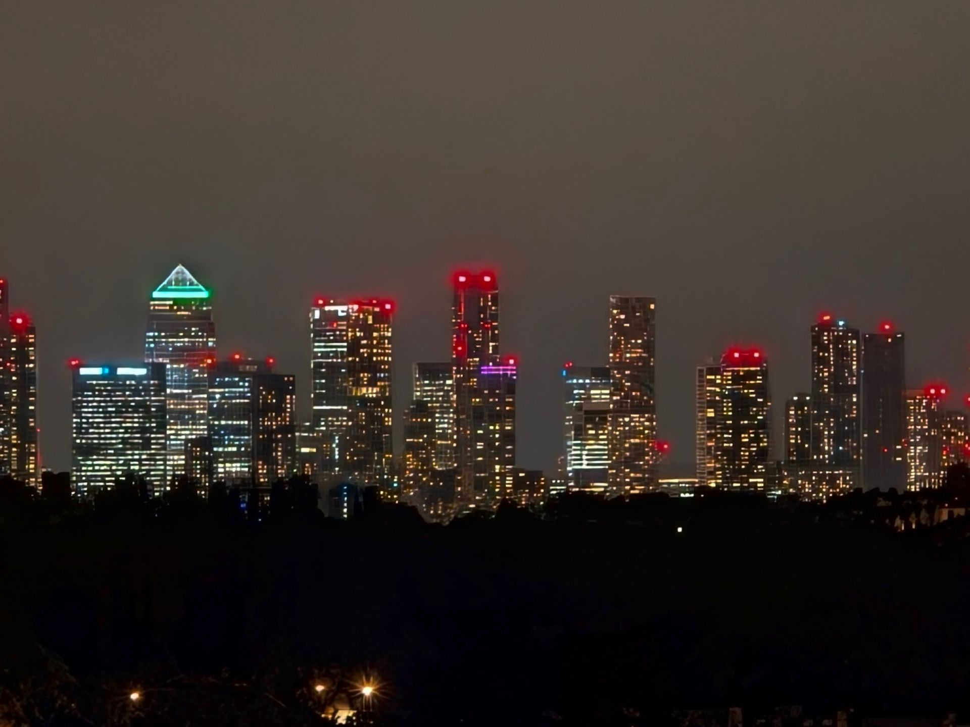 A view of Canary Wharf at night