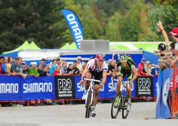 Jeremy Powers (Rapha Focus) sprinting against Ryan Trebon (Cannondale)