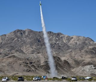 Rocketeer flat-Earther “Mad” Mike Hughes launched his Liberty One rocket on the third attempt Saturday (March 24, 2018) near Amboy, California. 