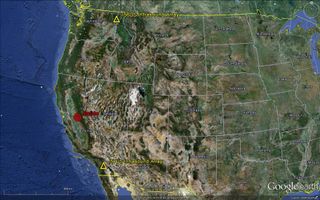 The red bullseye indicates the location where a meteor exploded over California's Central Valley on April 22, 2012. The yellow triangles mark infrasound arrays, which were key in determining the location of the meteor's explosion.