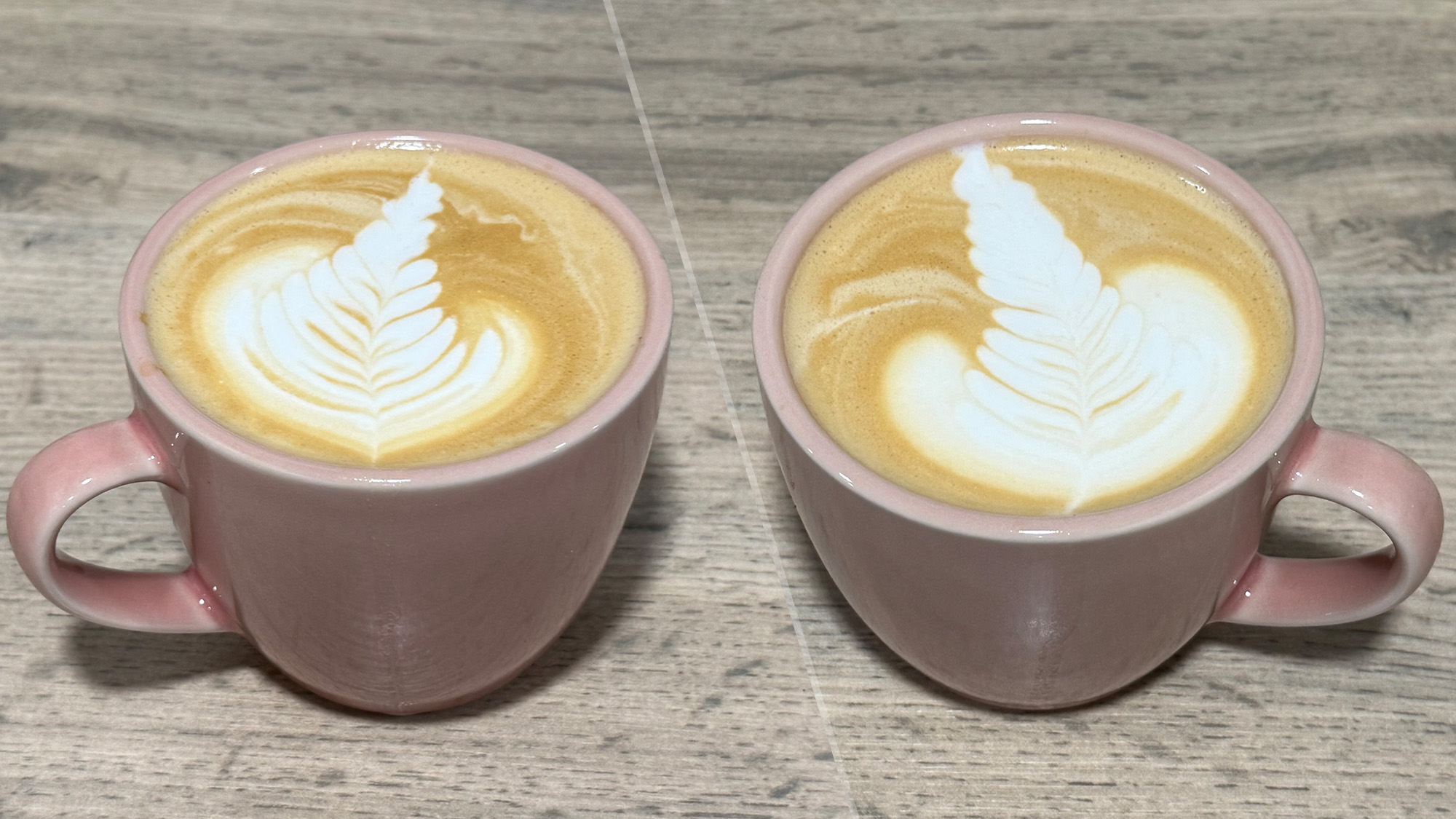 a side by side image of two flat whites, both made on the breville bambino, one with coffee ground on mazzer philos and one coffee ground on the baratza encore esp pro