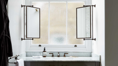 a bathroom with a mirror on the walls