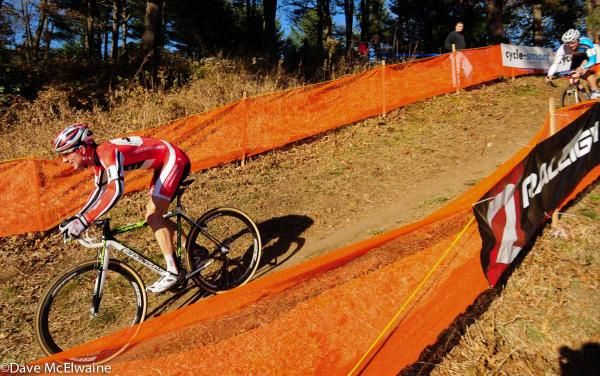Dylan McNicholas (Cyclocrossworld.com) leads Luke Keough down one of the descents.