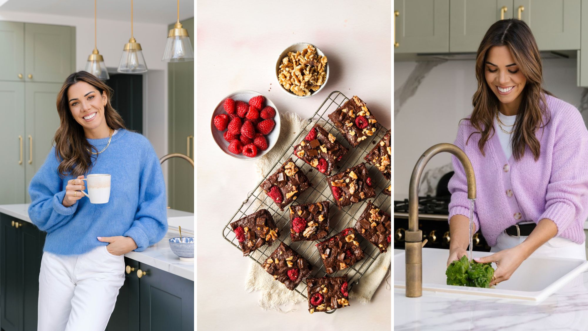 Hazel Wallace aka The Food Medic - in her kitchen, holding a mug of tea, and making beetroot and raspberry brownies