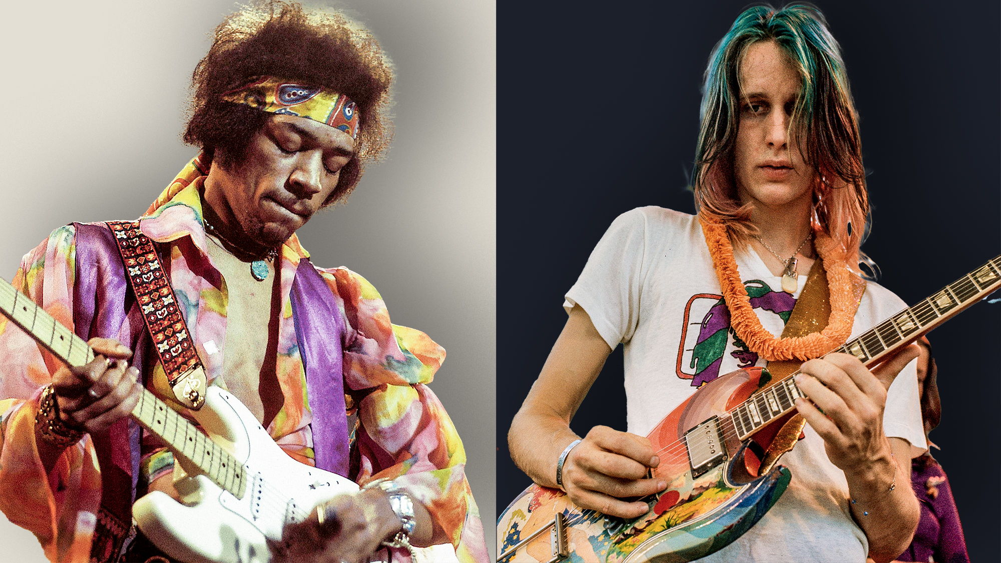LEFT: Jimi Hendrix at the Royal Albert Hall in London on 24th February 1969. RIGHT: Todd Rundgren playing his psychedelic guitar, a Gibson SG originally painted for Eric Clapton by the Dutch design collective The Fool. 