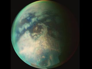 Saturn's moon Titan, viewed in infrared light to penetrate the planet's thick clouds.