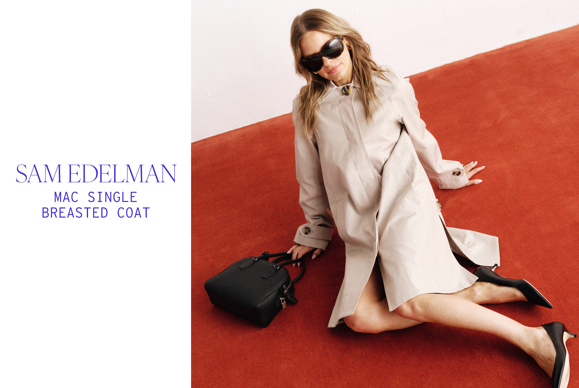 Nikki wears a beige trench coat.