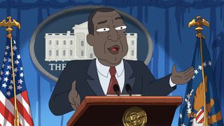 Pres. Curtis singing at the podium during White House address in President Curtis Season 1