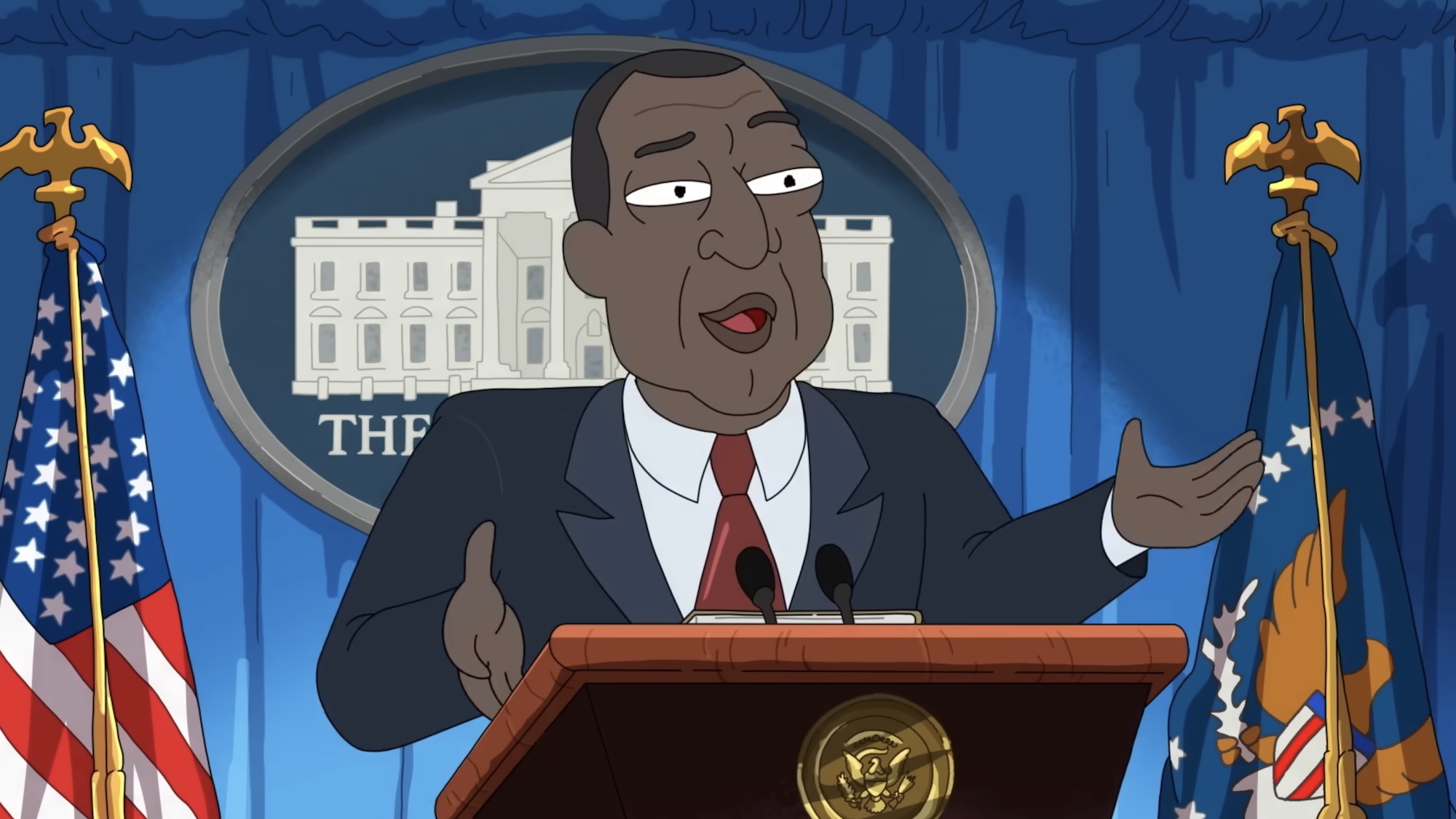 Pres. Curtis singing at the podium during White House address in President Curtis Season 1