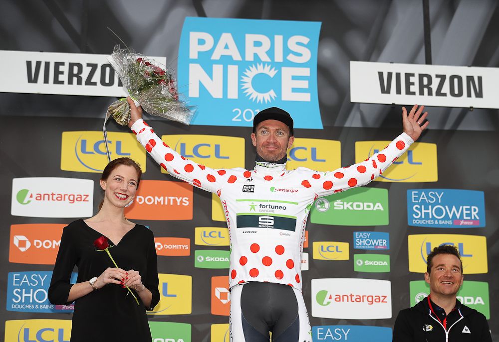 Pierre-Luc Perichon in the polka dot jersey after stage 2 at Paris-Nice