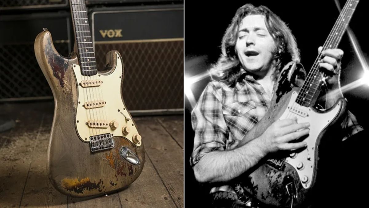 Rory Gallagher&#039;s Stratocaster (left), Rory Gallagher playing said Stratocaster