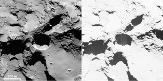 An active region of Comet 67P/Churyumov-Gerasimenko, which is called "Seth" after an Egyptian naming convention. Enhanced contrast (at right) shows "fine structures" of jets inside of one of the pits.