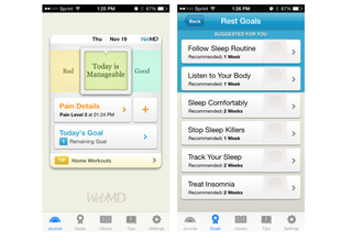 The home screen and goals page of the WebMD Pain Coach app