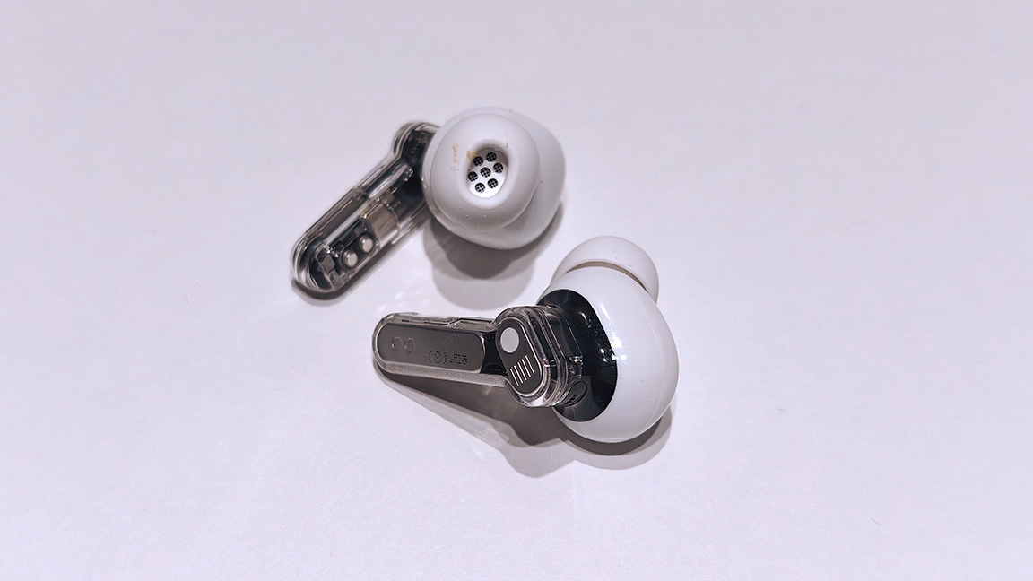 Nothing Ear 3; photos of white and metallic earbuds with transparent plastic casing