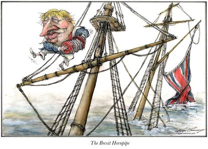 Political Cartoon World Boris Johnson Brexit EU UK sinking ship hornpipe