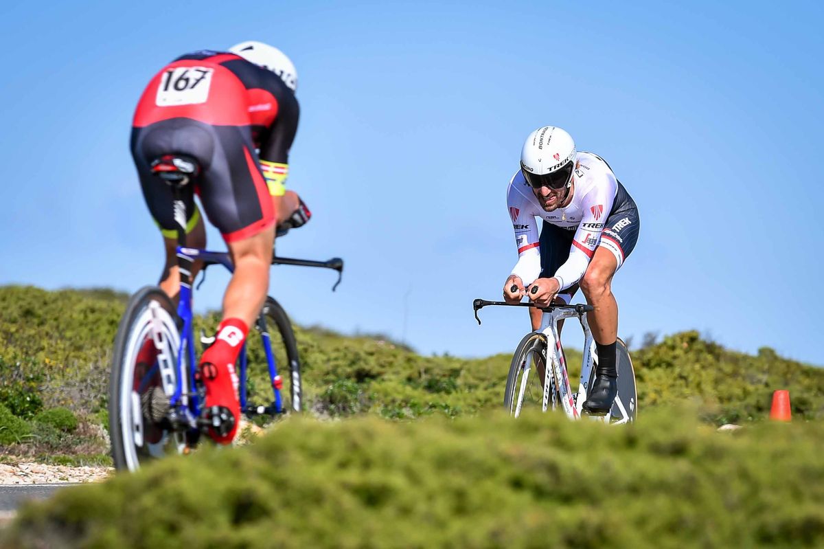 Fabian Cancellara (Trek-Segafredo) heads back to the finish
