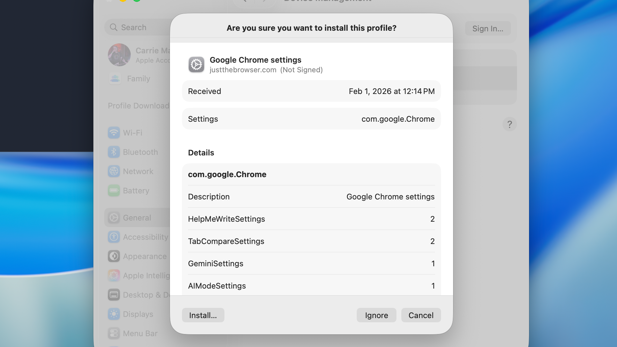 Screenshot of installing the Just The Browser script on a Mac