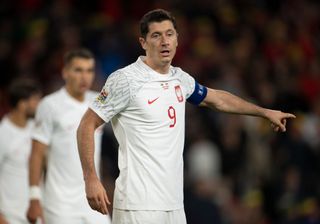 Robert Lewandowski of Poland during the UEFA Nations League League A Group 4 match between Wales and Poland at Cardiff City Stadium on September 25, 2022 in Cardiff, Wales.