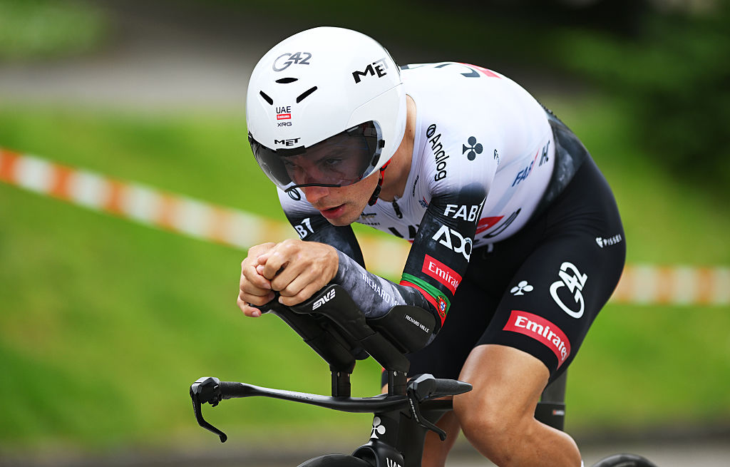 GENEVA SWITZERLAND MAY 04 Joao Goncalves Almeida of Portugal and UAE Team Emirates XRG competes during the 78th Tour De Romandie 2025 Stage 5 a 171km individual time trial stage from Geneve to Geneve UCIWT on May 04 2025 in Geneva Switzerland Photo by Dario BelingheriGetty Images