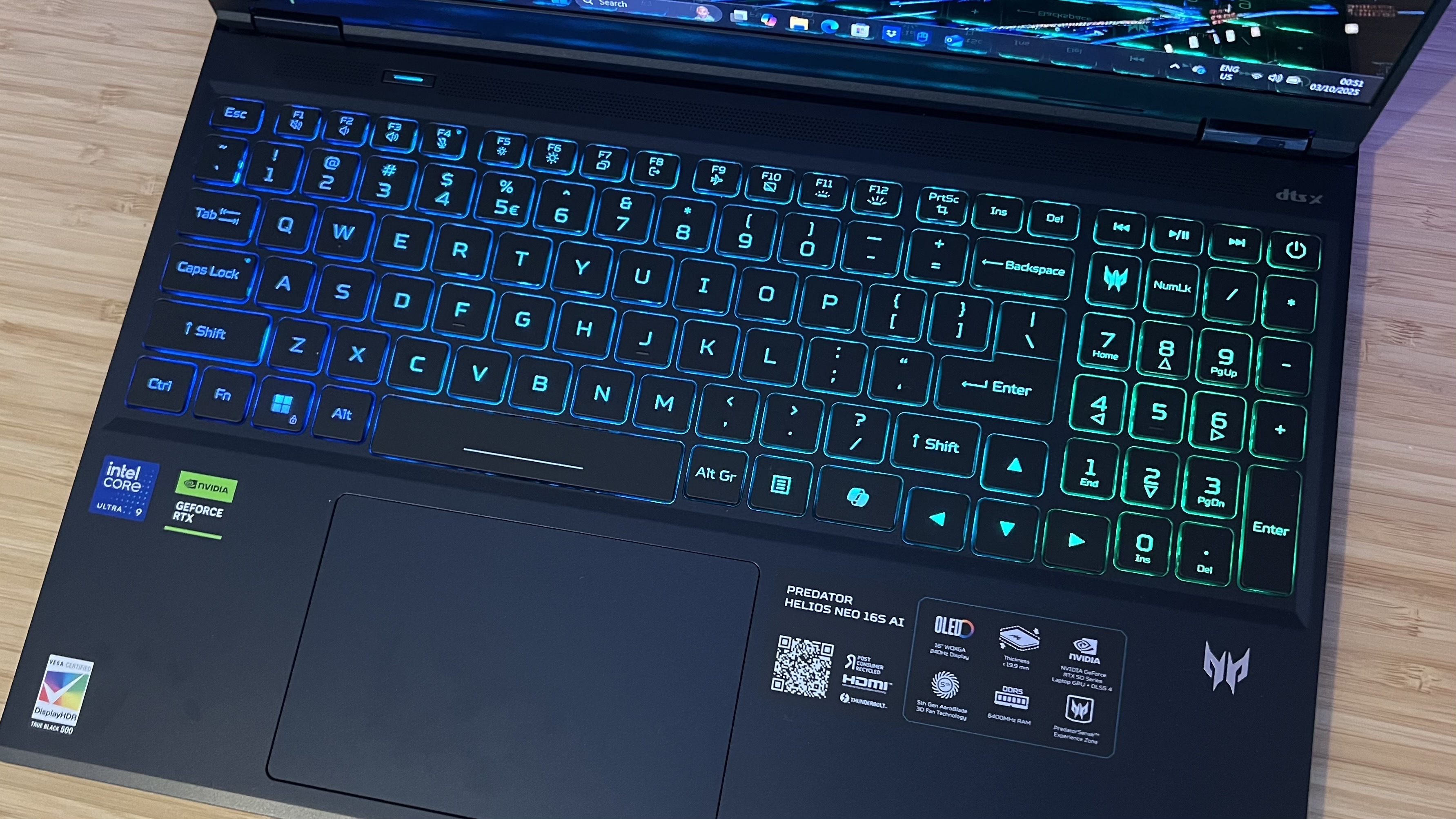 Top down view of keyboard and trackpad on Asus Predator Helios Neo 16S AI gaming laptop