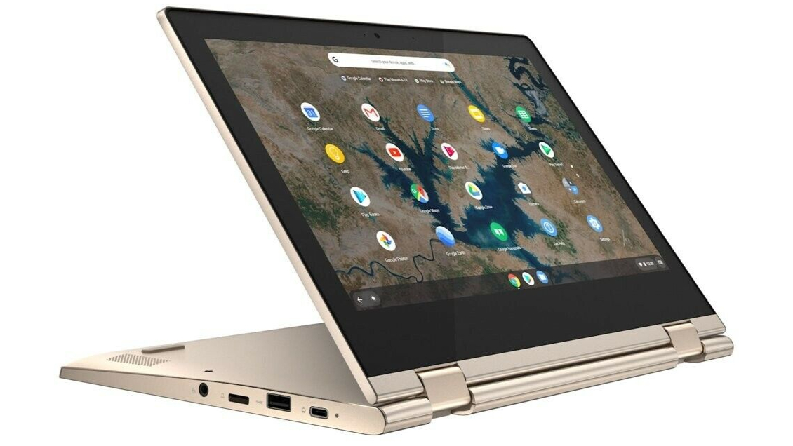 Ein Lenovo IdeaPad Flex 3 Chromebook vor einem weißen Hintergrund